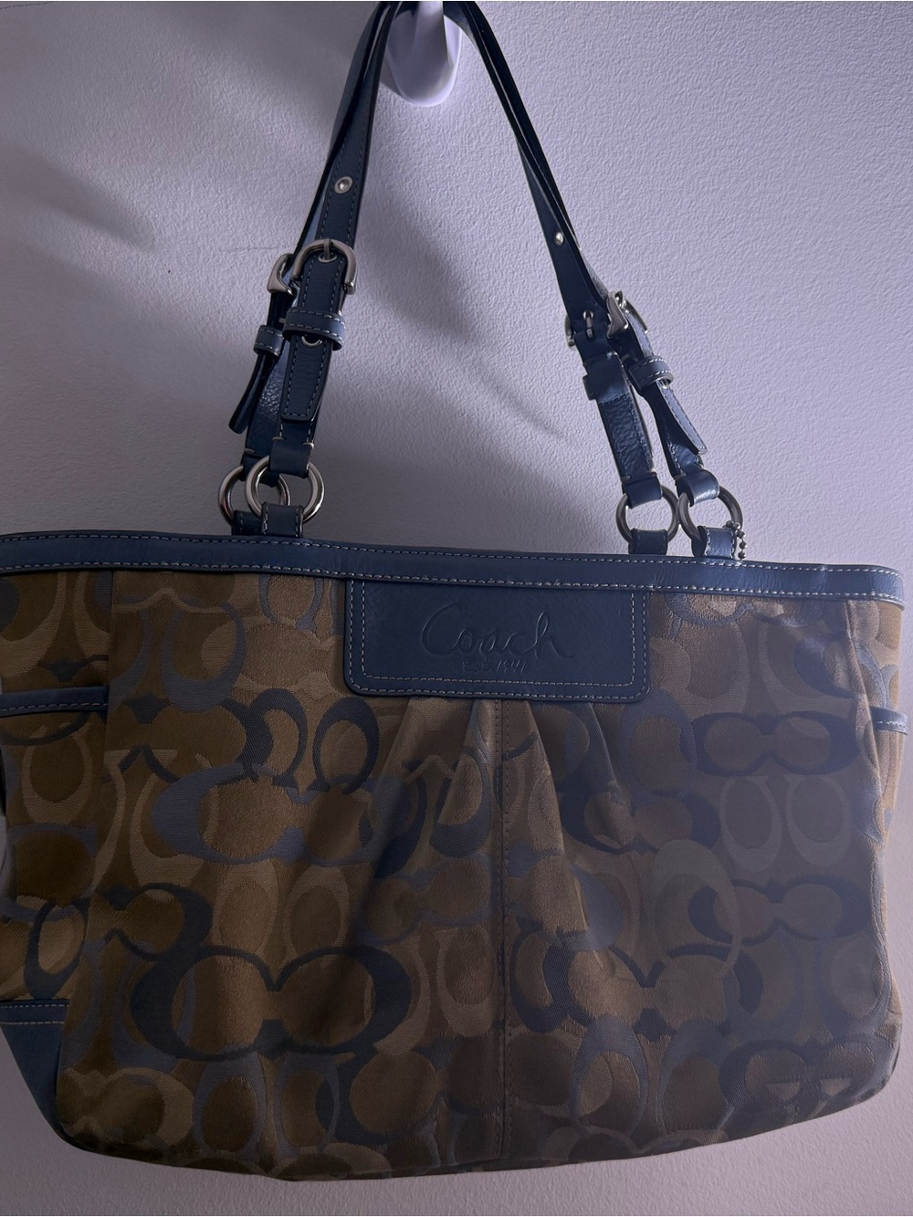 Coach Monogram Canvas Tote in Brown and Blue